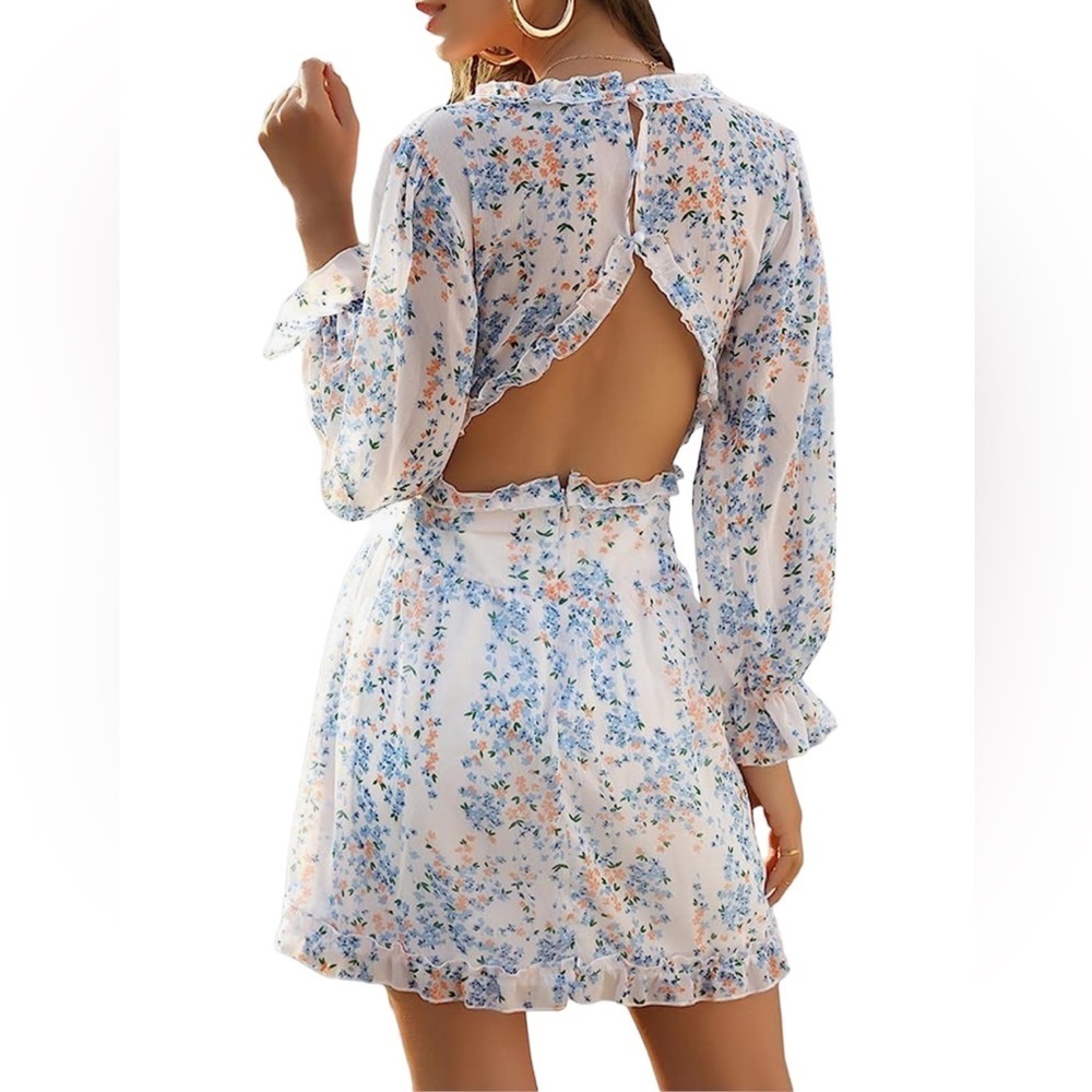 Small Sexyshine Women‘s Deep V Neck Ruffle Floral Print Open Back Mini Dress - Picture 2 of 11